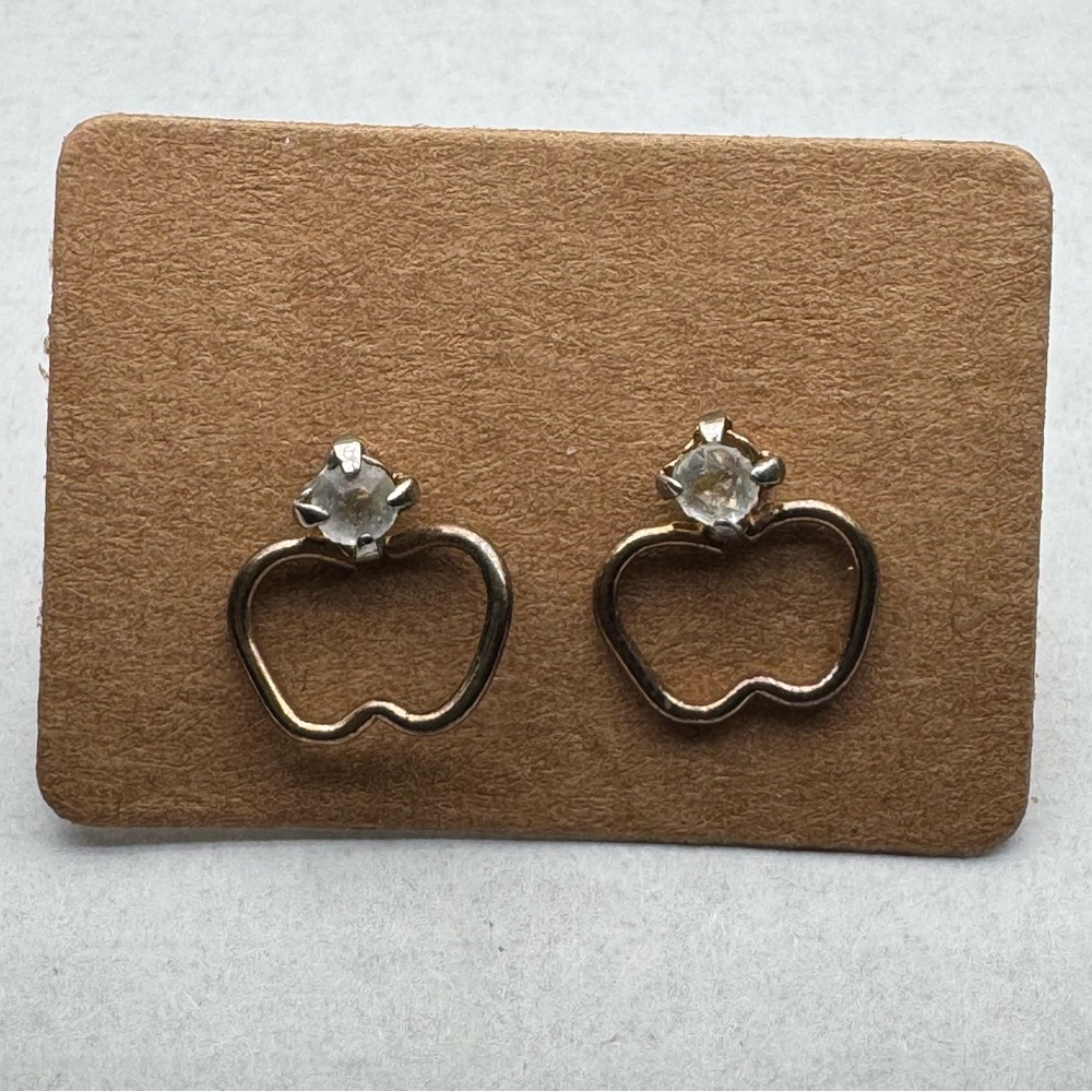 Vintage Kids Gold Tone Apple Stud Earrings with Faceted Plastic Gem